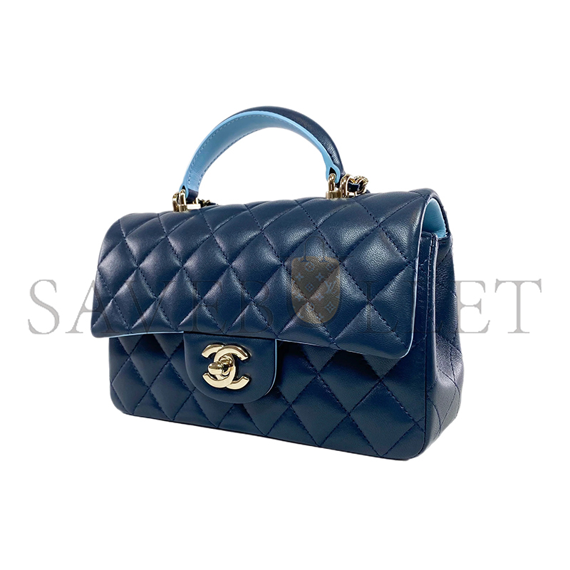 CHANEL MINI TOP HANDLE RECTANGULAR FLAP BAG QUILTED LAMBSKIN NAVY AND LIGHT BLUE 360047 (20*13*6cm)